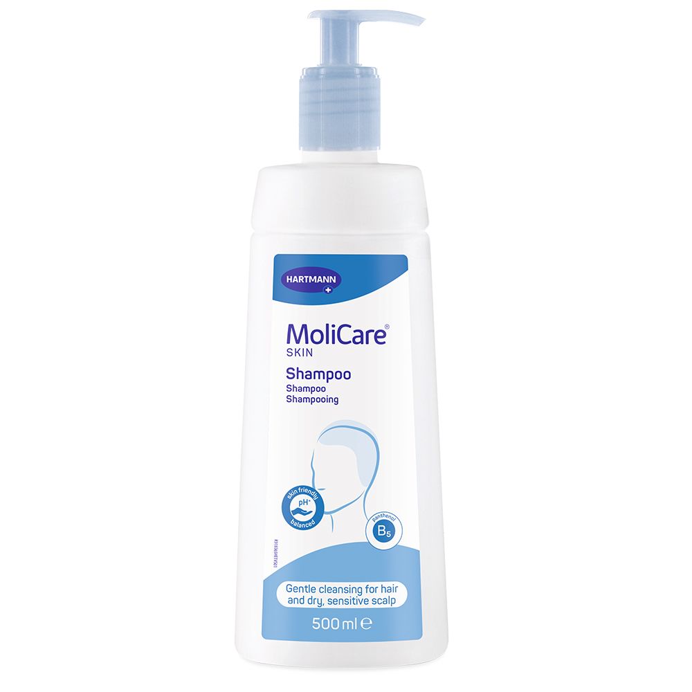 Flacon blanc avec pompe bleue. Inscription : MoliCare Skin Shampoo. Pour cuir chevelu sec et sensible. 500ml.