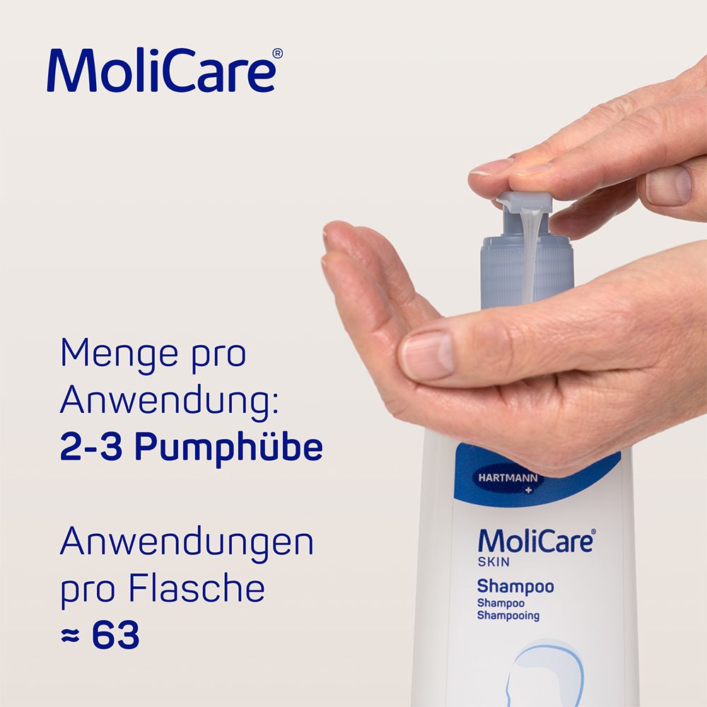 Main appuyant sur la pompe d'un flacon. Texte : MoliCare Skin Shampoo. Quantité par utilisation : 2-3 pressions.