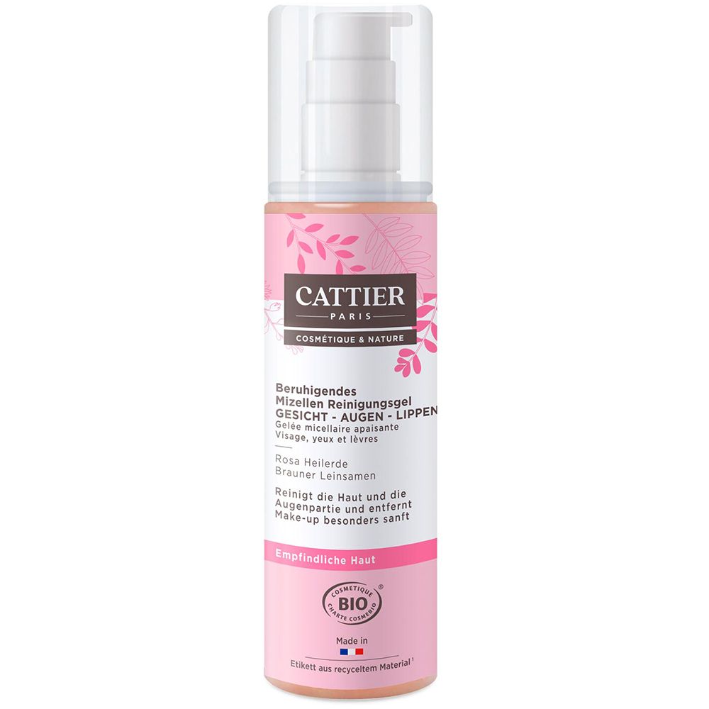 Gel nettoyant CATTIER en flacon rose avec pompe. Texte: Gel nettoyant micellaire apaisant, visage, yeux, lèvres. Label bio. Drapeau français.