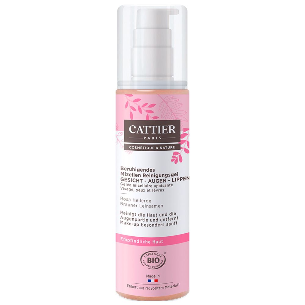 Gel nettoyant CATTIER en flacon rose avec pompe. Texte: Gel nettoyant micellaire apaisant, visage, yeux, lèvres. Label bio. Drapeau français.