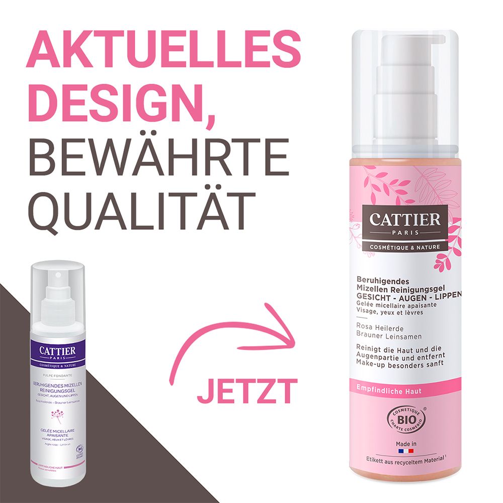 Comparaison: Gel nettoyant CATTIER, flacon rose avec pompe, à côté d'un petit flacon. Texte: Design actuel, qualité éprouvée. Flèche: Maintenant.
