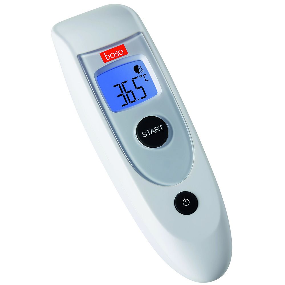 Witte koortsthermometer met blauw display. Toont 36,5 graden Celsius. Zwarte start- en aan/uit-knop. Rode tekst "boso".