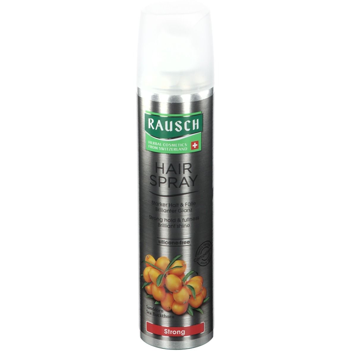 Aërosol haarspray met witte dop. Opschrift RAUSCH, HAIR SPRAY, Strong. Illustratie van duindoorn.
