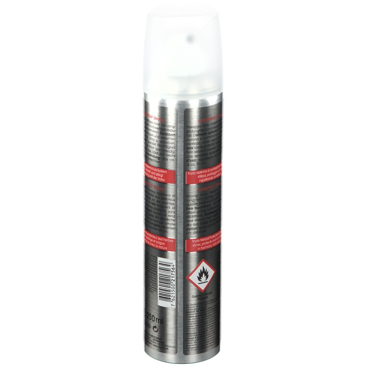 Aërosol, achterkant met tekst. Waarschuwing. E 250ml. Barcode.