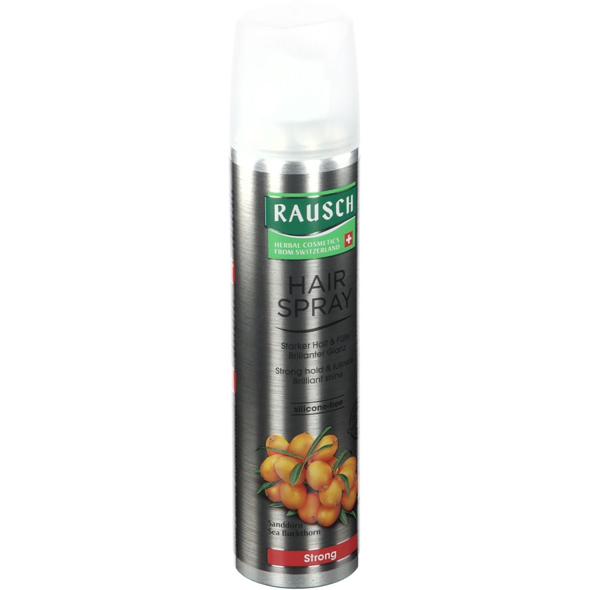 Aërosol haarspray met witte dop. Opschrift RAUSCH, HAIR SPRAY, Strong. Illustratie van duindoorn.
