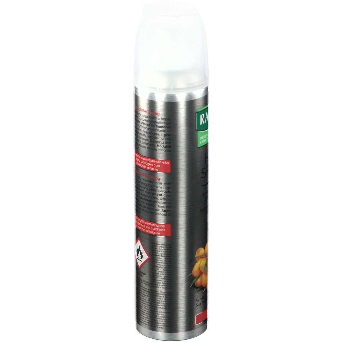 Aërosol, zijkant met tekst. Opschrift RAUSCH. Illustratie van duindoorn. Waarschuwing.