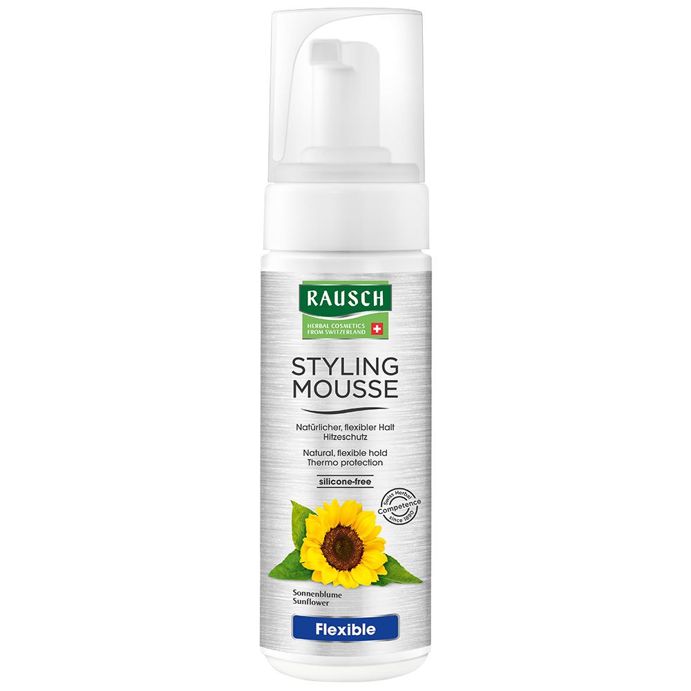 Witte fles met pomp. Opschrift: RAUSCH, STYLING MOUSSE, Flexible. Zonnebloem en Zwitsers kruis. Siliconenvrij.