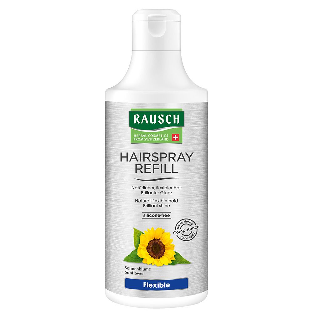 Witte fles RAUSCH Hairspray Refill. Opschrift: Flexible, zonnebloem. Certificering.