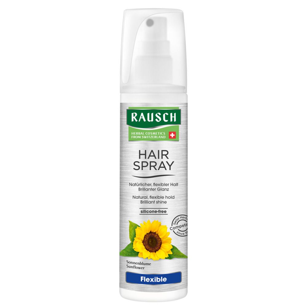 Haarsprayfles met verstuiver. Opschrift: RAUSCH, HAIR SPRAY, Flexible. Zonnebloem illustratie.