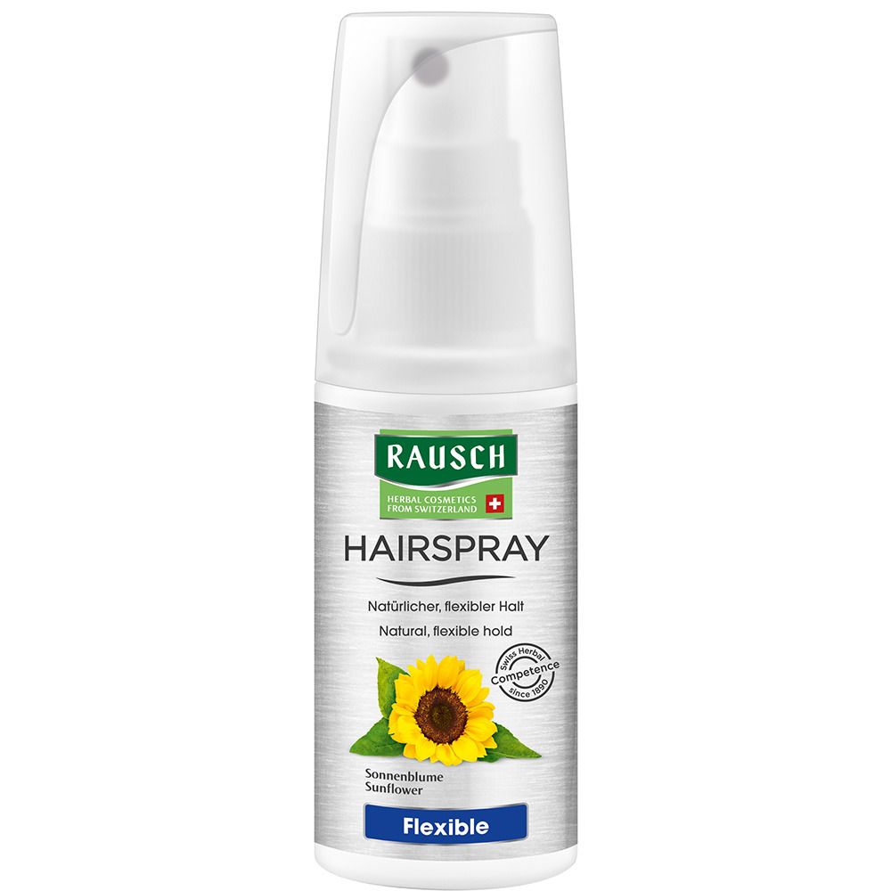 Flacon spray blanc avec bouchon transparent. Inscription RAUSCH, HAIRSPRAY, tournesol. Texte: Natural, flexible hold. Flexible.