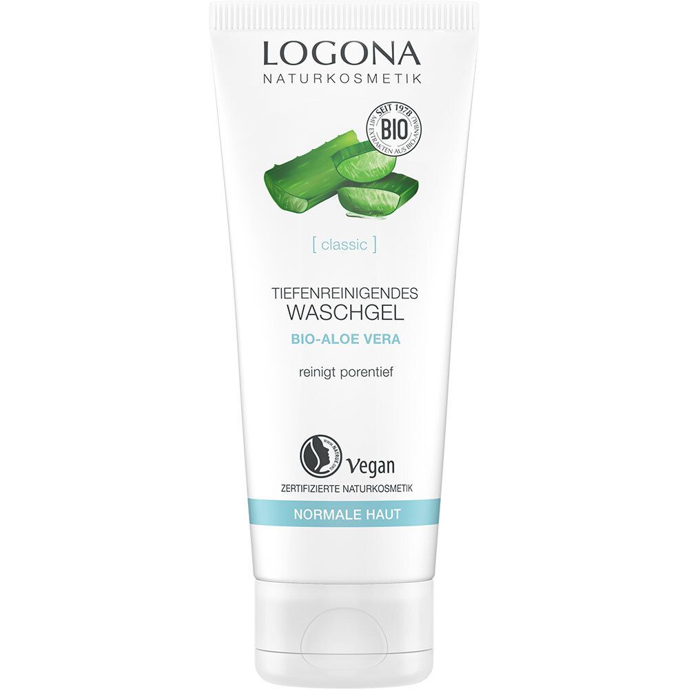 Tube blanc et vert LOGONA. Logo Bio-Aloe Vera, label Vegan. Texte: Gel nettoyant en profondeur, peau normale.