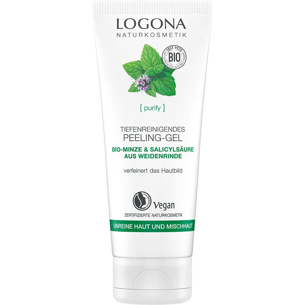 Witte en groene tube met productnaam en logo. Bio-munt illustratie, Vegan-keurmerk. Tekst: Diepreinigende peelinggel, voor onzuivere huid.