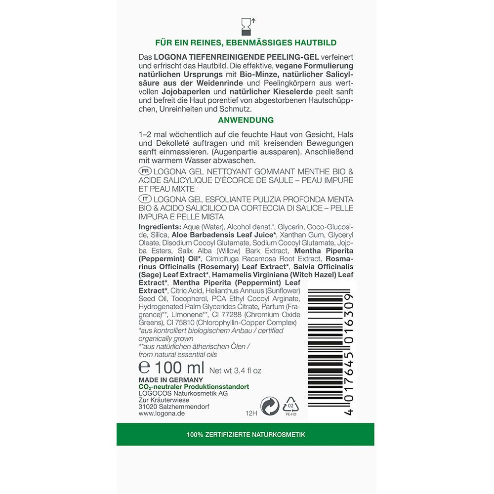 Achterkant van de tube. Tekst in het Duits, Frans en Italiaans. Ingrediënten, fabrikantinfo, bio-certificering, Vegan-keurmerk.
