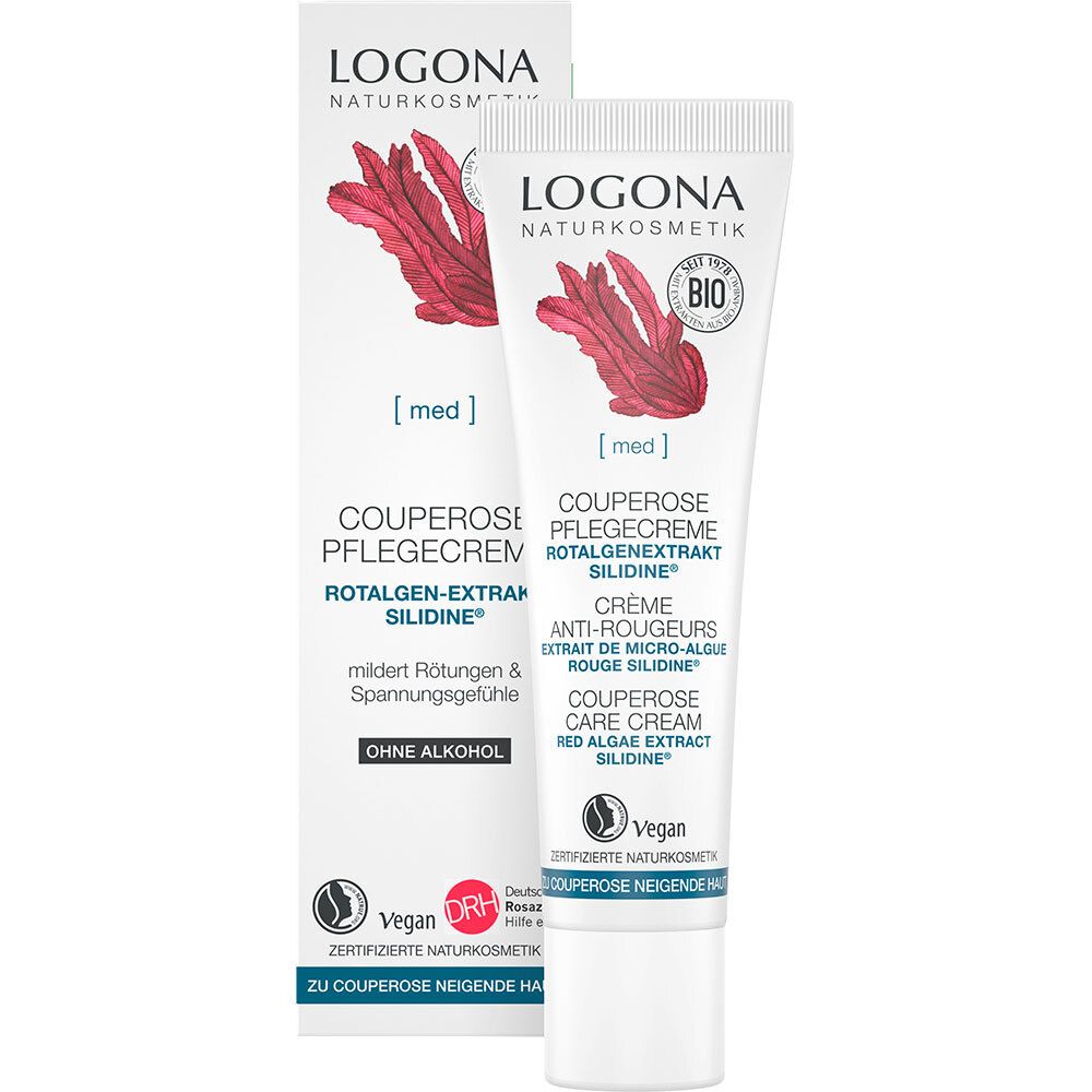Crèmetube en verpakking. LOGONA Naturkosmetik Couperose Pflegecreme. Rotalgen-Extrakt Silidine. Vegan.