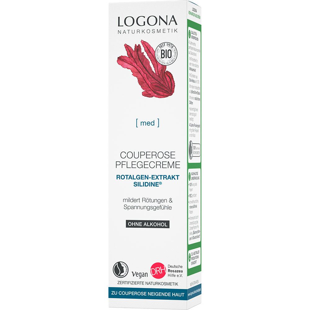 Verpakking. LOGONA Naturkosmetik Couperose Pflegecreme. Rotalgen-Extrakt Silidine. Vegan. Bio-keurmerk.