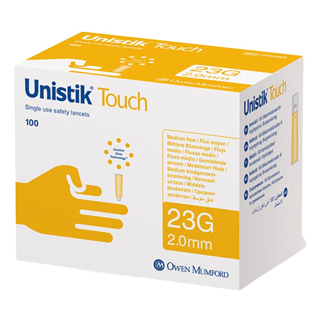Boîte de lancettes de sécurité Unistik Touch. Contient 100 unités. Design jaune et blanc avec nom et spécifications du produit.