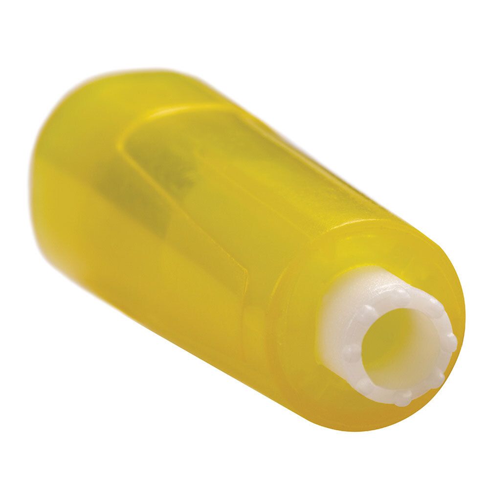 Lancette de sécurité Unistik Touch jaune. Forme cylindrique avec embout blanc. Ouverture visible.