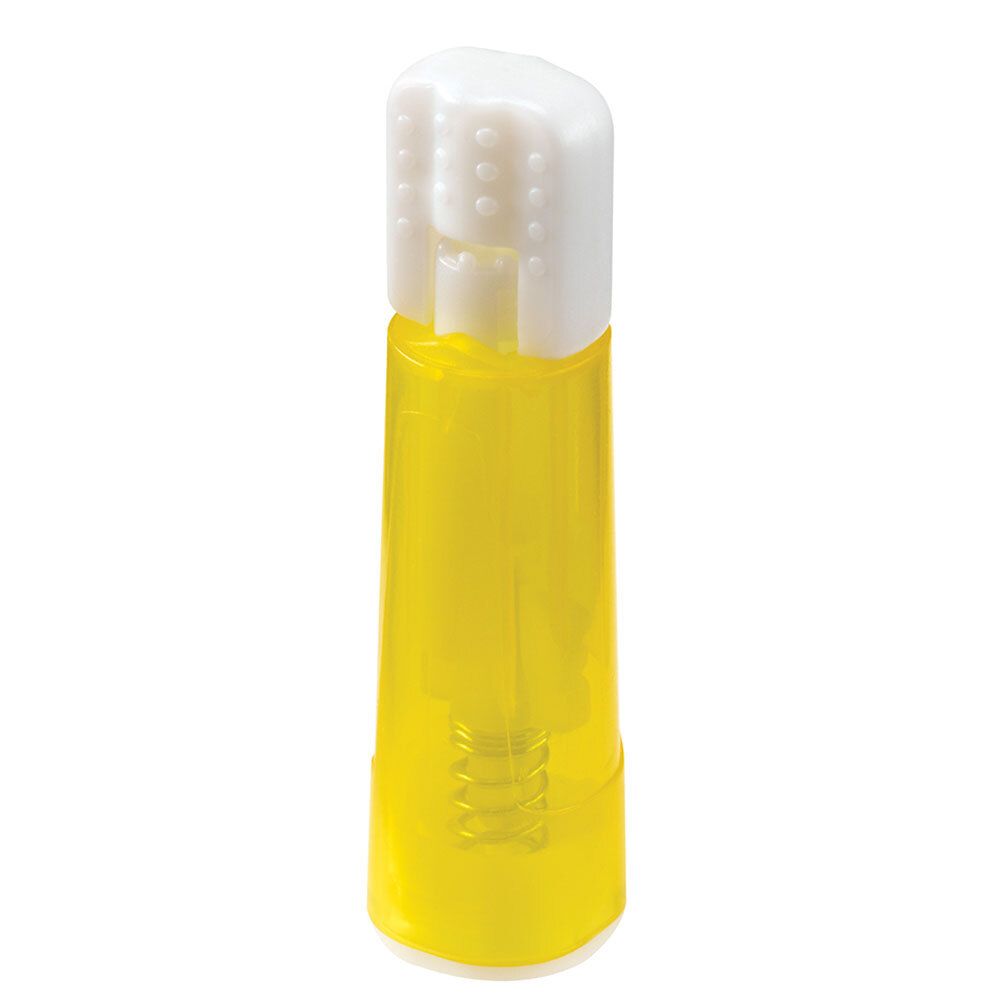 Lancette de sécurité Unistik Touch jaune. Forme cylindrique avec embout blanc. Pointe visible.