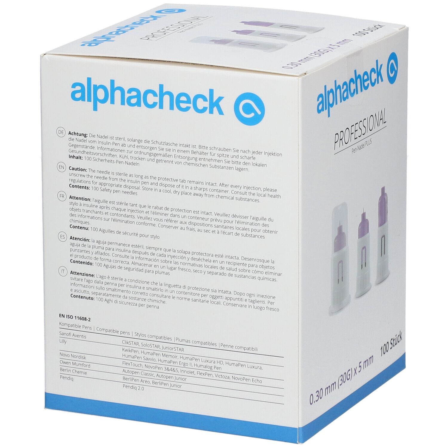Dos de la boîte d'aiguilles d'injection alphacheck Professional. Texte multilingue, informations sur le produit.