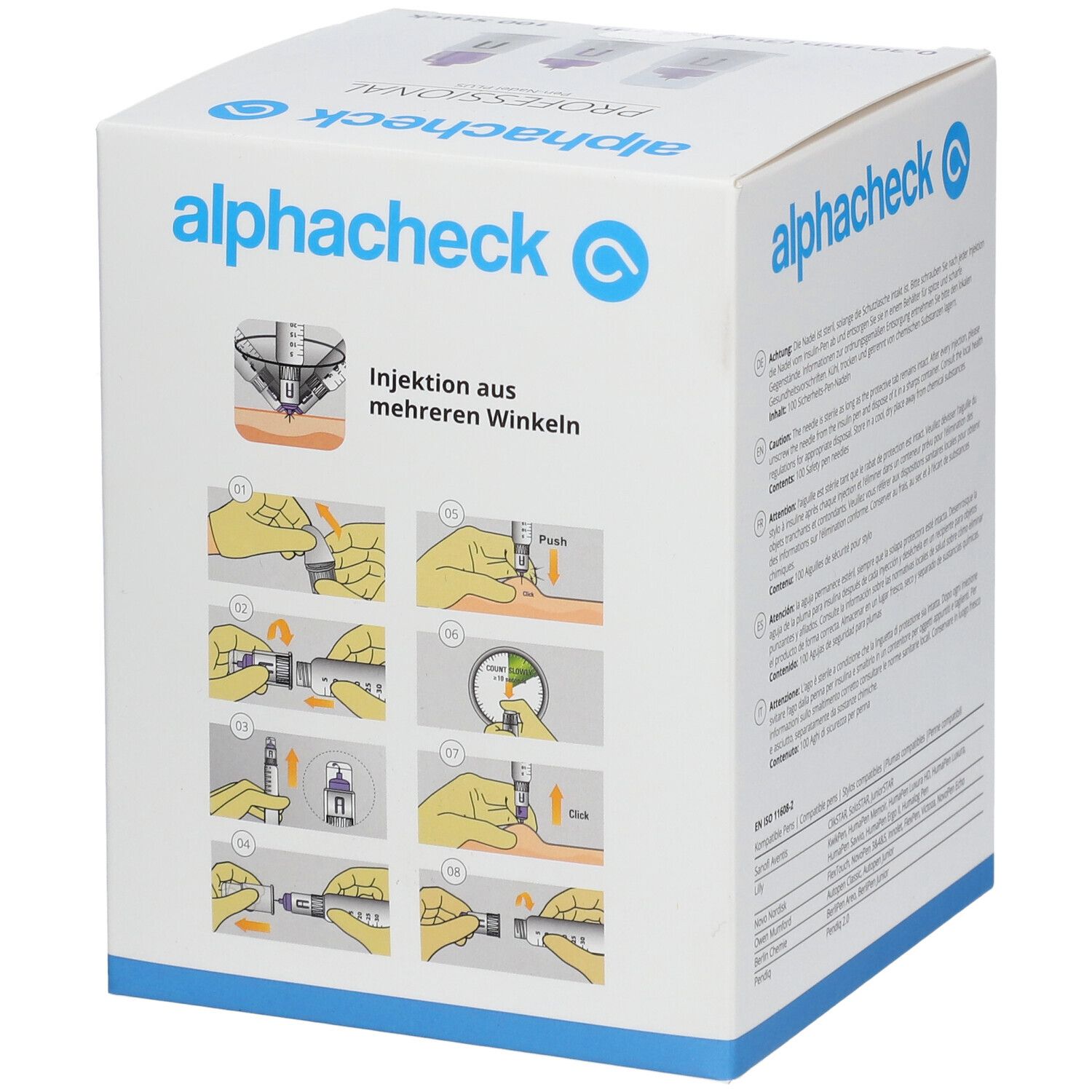 Boîte d'aiguilles d'injection alphacheck Professional. Illustrations de la technique d'injection, nom du produit.