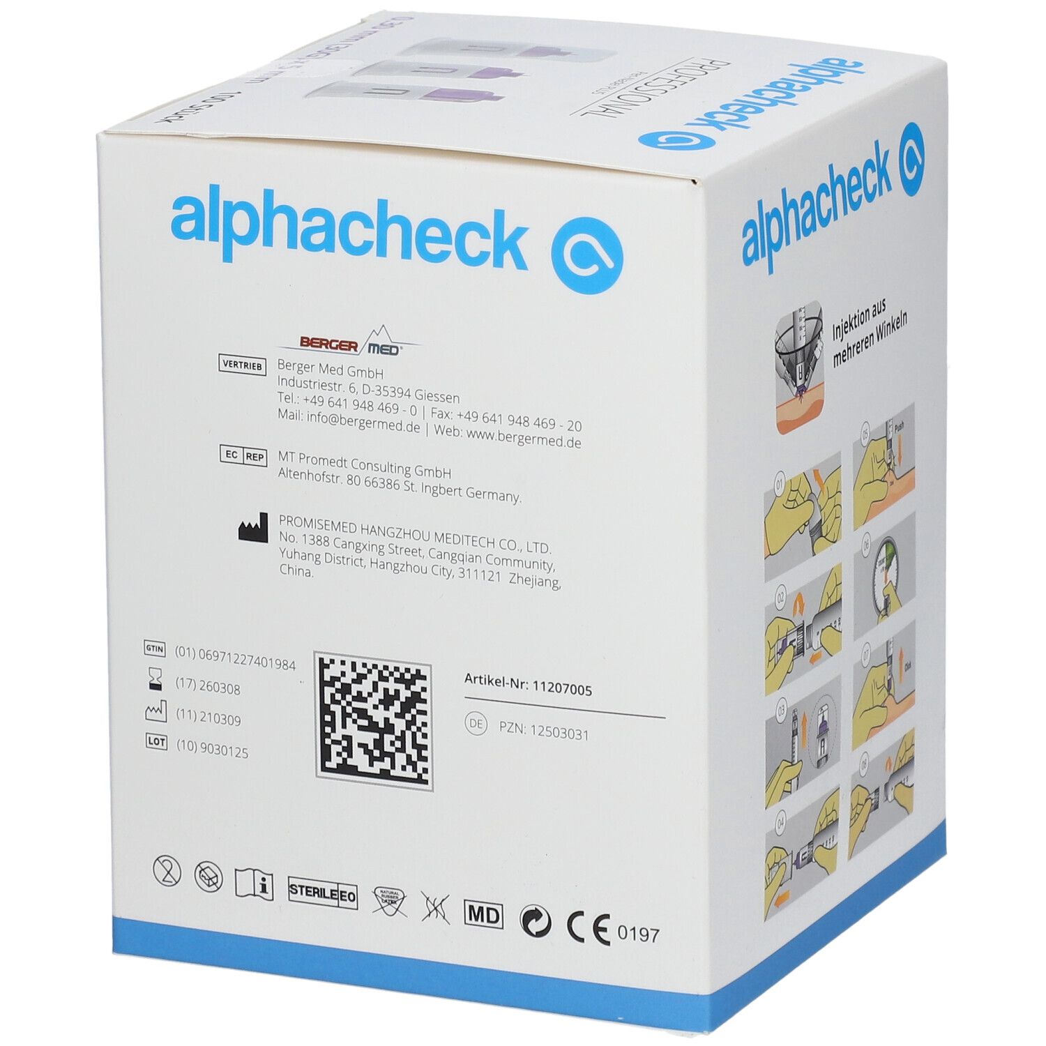 Dos de la boîte d'aiguilles d'injection alphacheck Professional. Informations fabricant, code QR, informations produit.