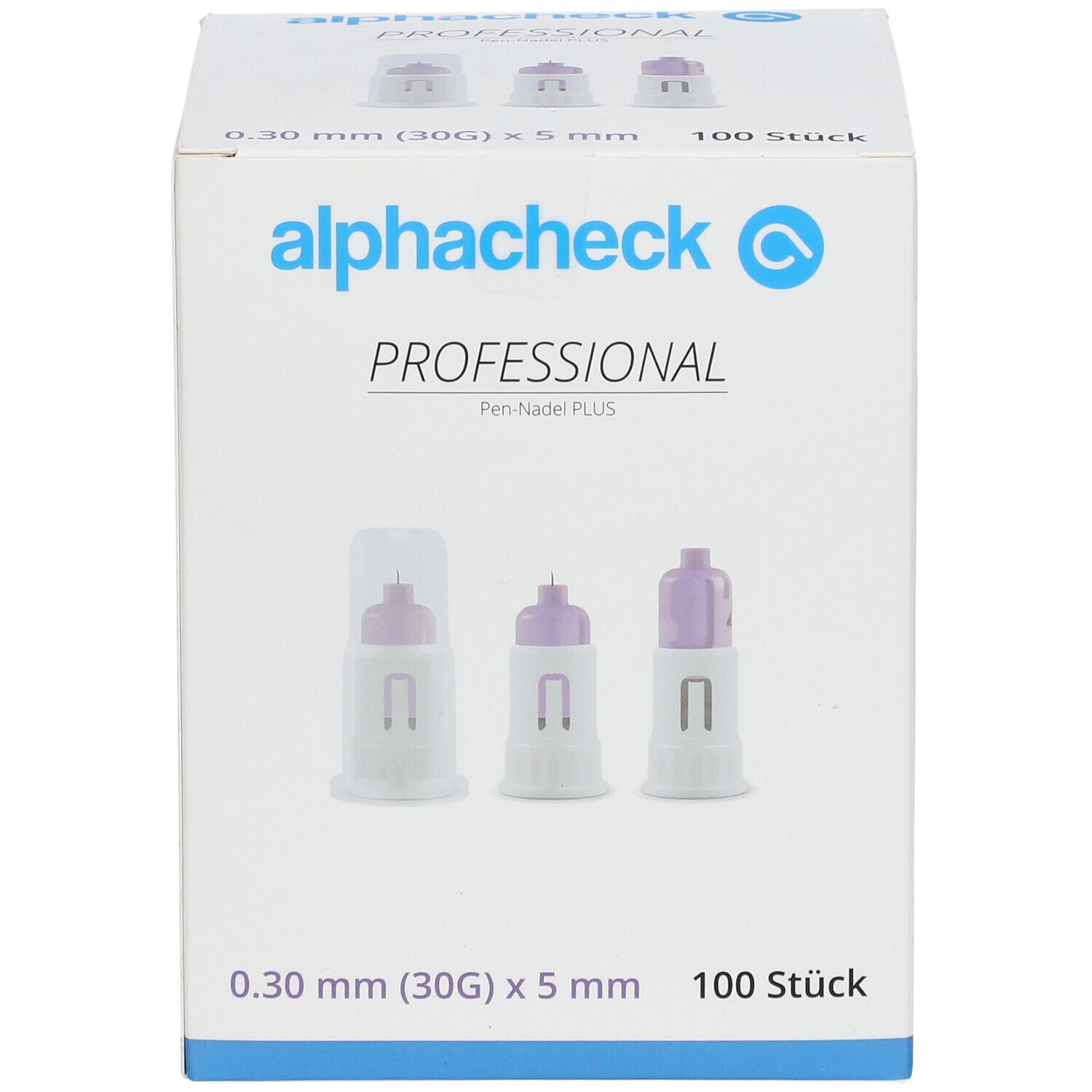 Face avant de la boîte d'aiguilles d'injection alphacheck Professional. Nom du produit, image, taille et quantité.