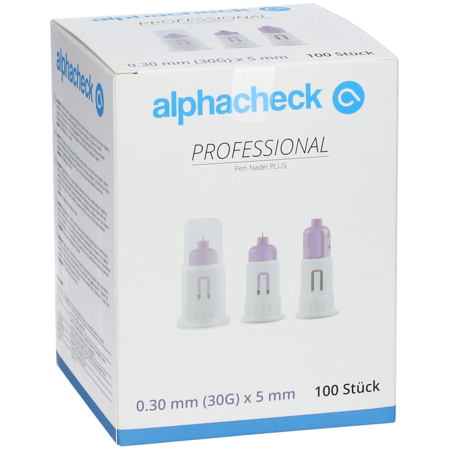Boîte d'aiguilles d'injection alphacheck Professional. Nom du produit, image, taille et quantité.