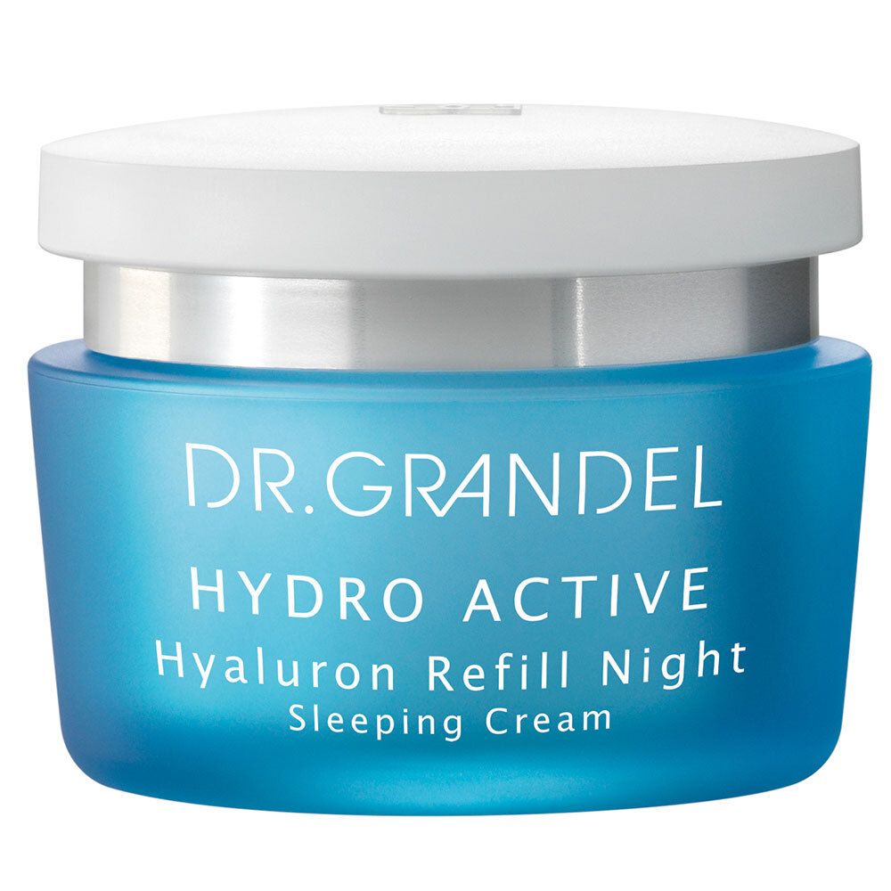 Blauwe crèmepot met witte deksel. Opschrift: DR. GRANDEL, HYDRO ACTIVE, Hyaluron Refill Night, Sleeping Cream.