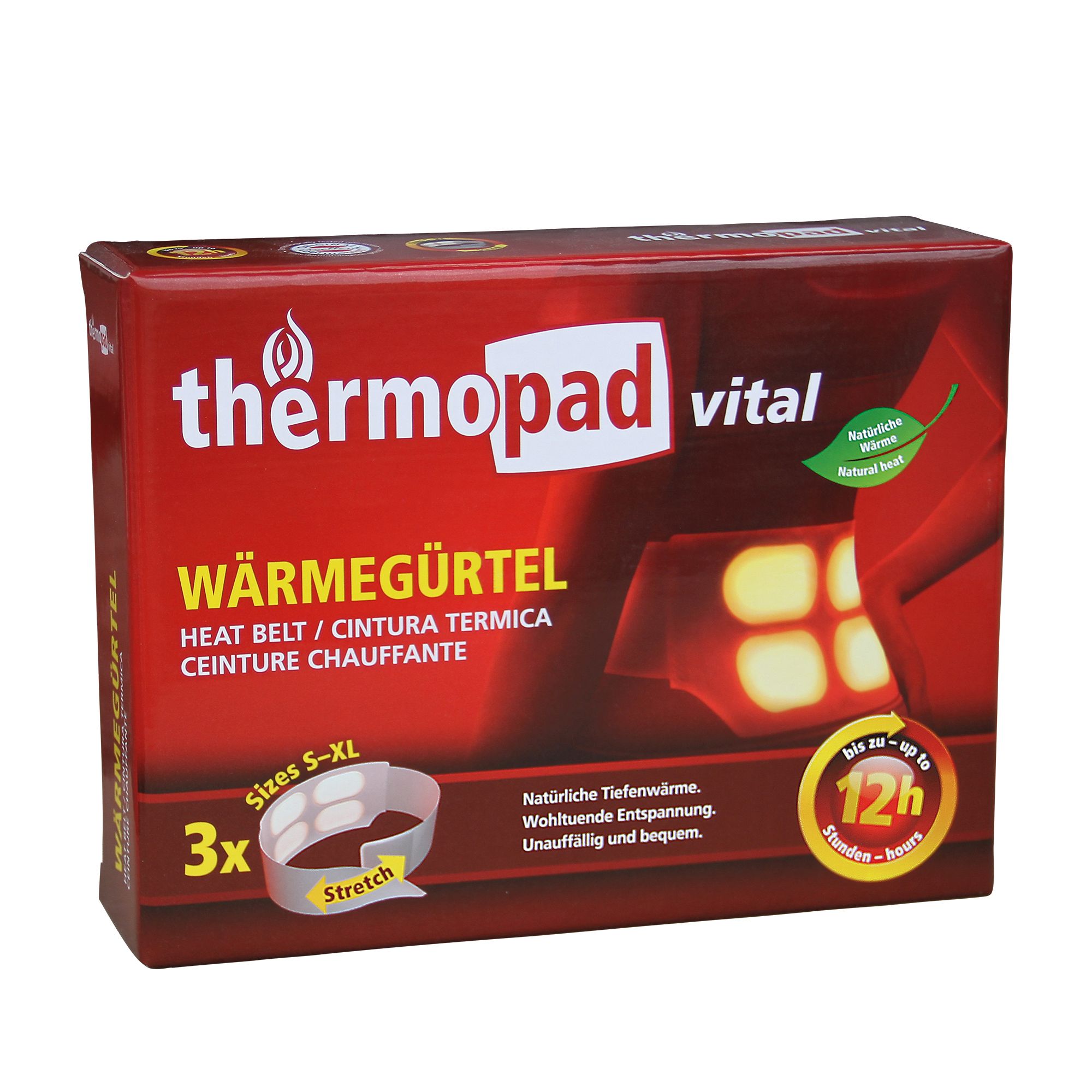 Boîte rouge thermopad vital Wärmegürtel. Contient 3 ceintures tailles S-XL. Chaleur jusqu'à 12 heures.