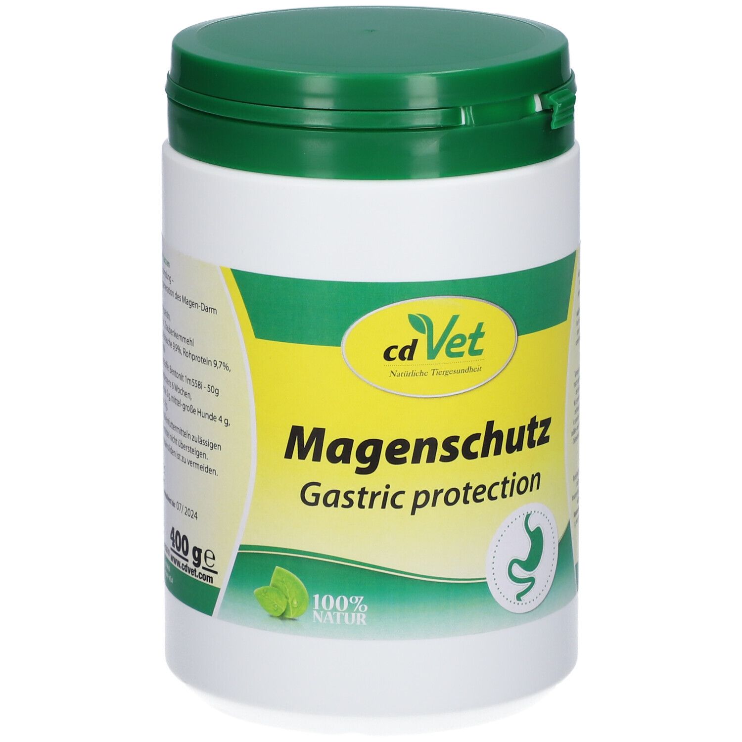 Boîte blanche et verte avec couvercle vert. Inscription : cdVet Magenschutz, Gastric protection. Logo et illustration d'un estomac. 400 g.