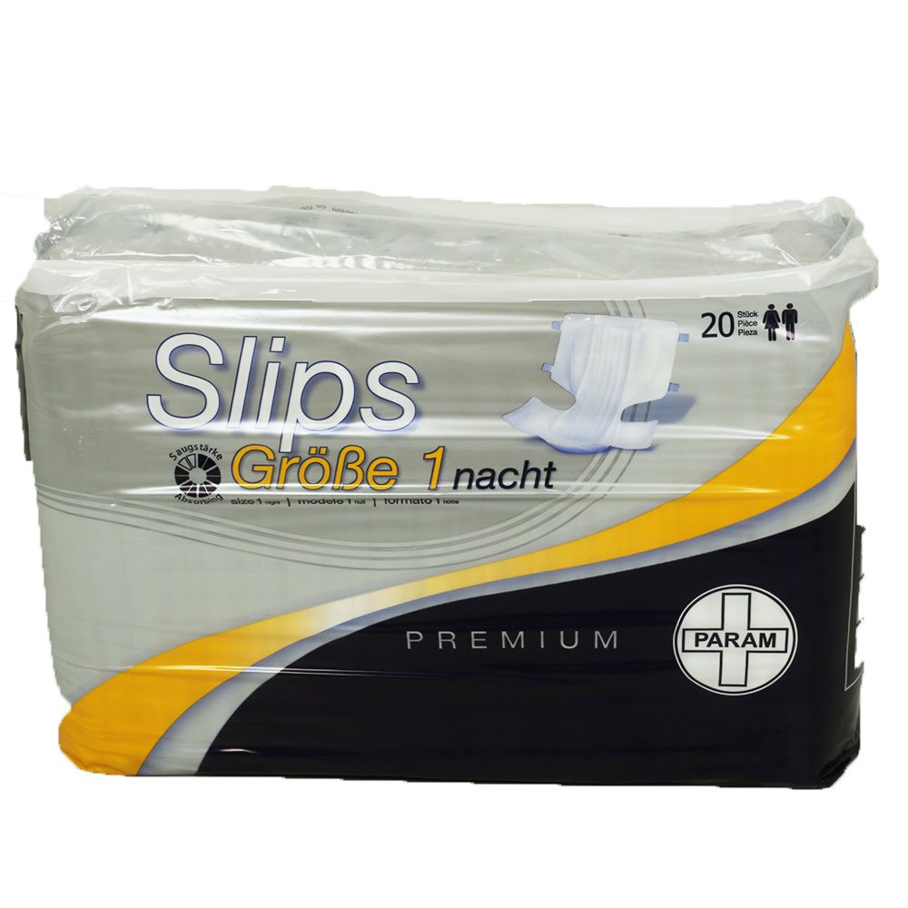 Verpakking met slips. Opschrift: Maat 1 nacht, Premium. Logo: PARAM. 20 stuks.