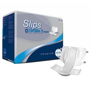 PARAM Slips Premium Taille 3 Nuit. Protection d'incontinence blanche avec emballage bleu. Inscription : Slips, Taille 3 Nuit, Premium.
