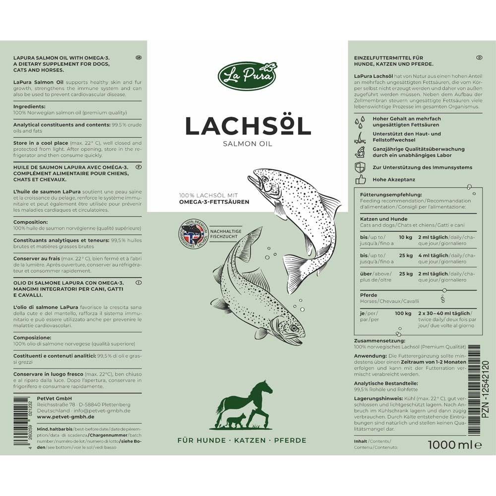 Étiquette avec informations sur le produit. Contient du texte en plusieurs langues, des illustrations de poissons et d'un cheval.