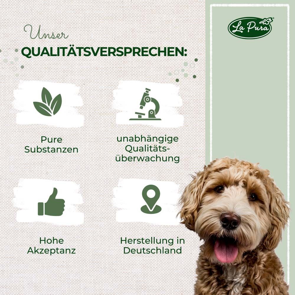 Graphique avec promesse de qualité. Montre des symboles pour les substances pures, l'acceptation et la fabrication en Allemagne.