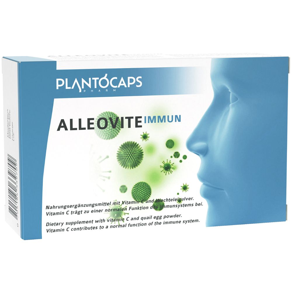 Boîte de 60 gélules, face avant avec profil de tête féminine et virus verts.