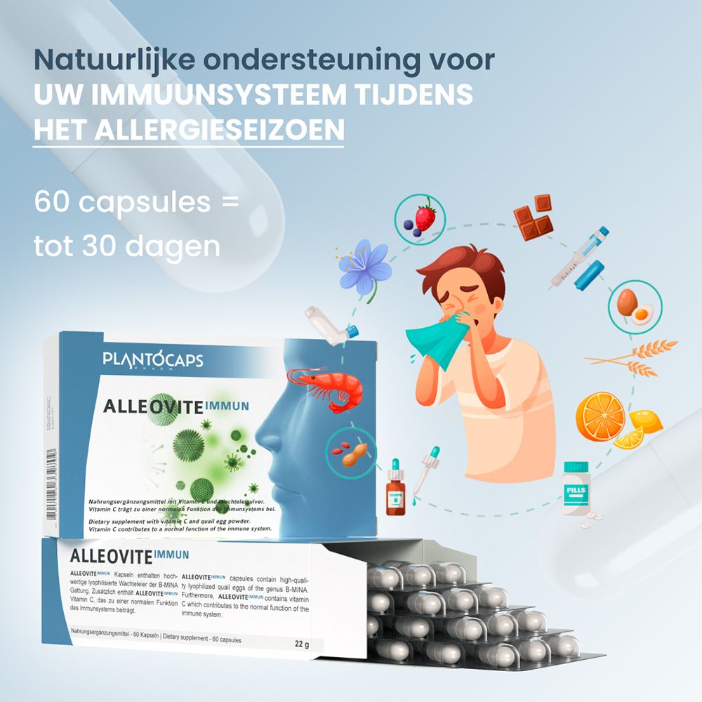 Doos met 60 capsules, schuin van voren, met tekstinformatie in het Duits en Engels.