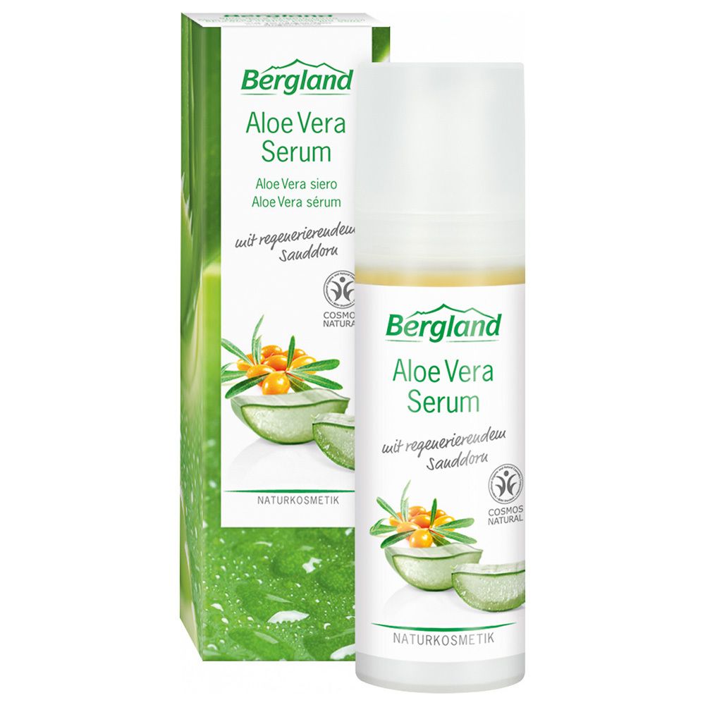 Aloe Vera Serum van Bergland. Fles en verpakking. Natuurlijke cosmetica. Met duindoorn. COSMOS NATURAL-certificering.