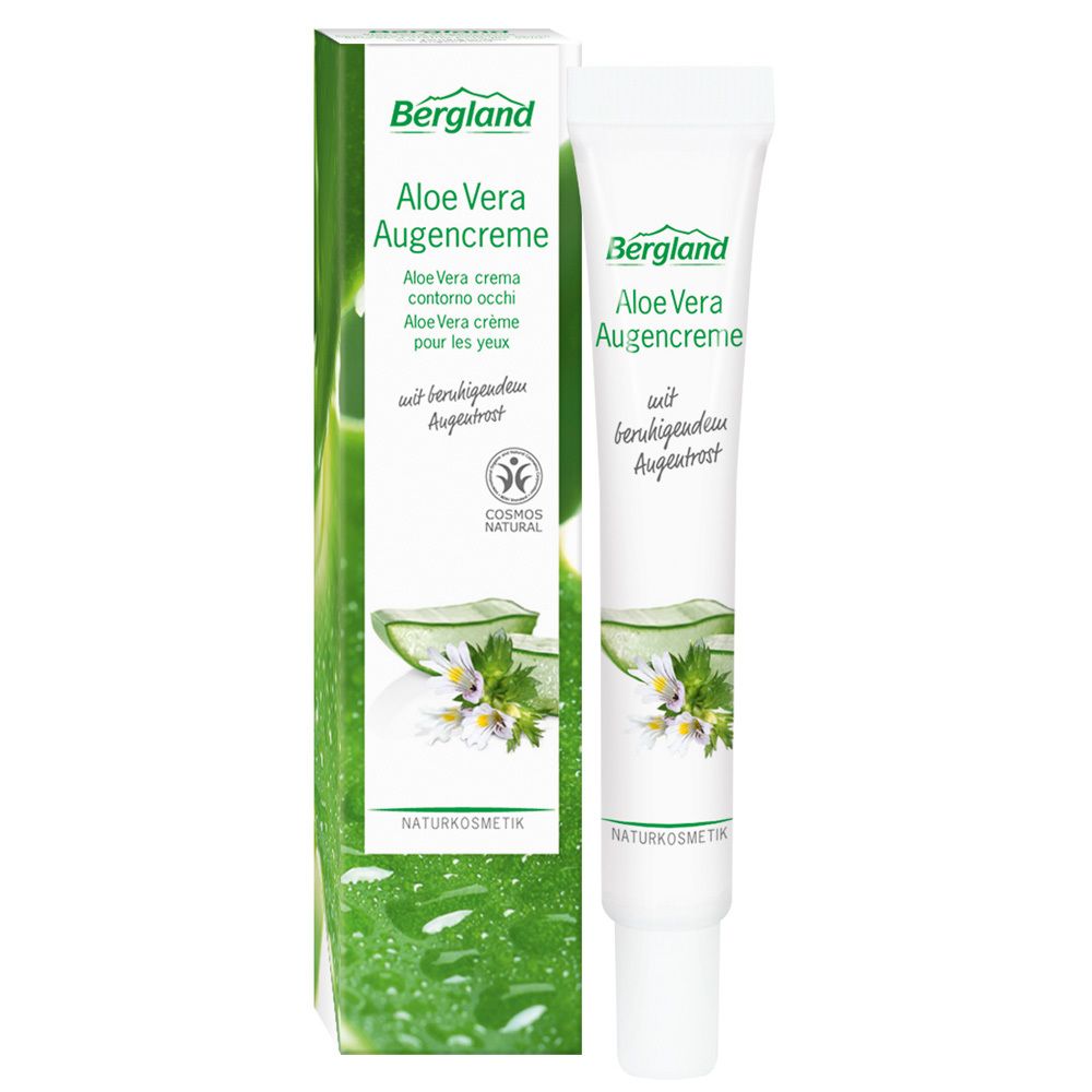 Bergland Aloe Vera Augencreme, tube et emballage. Vert et blanc. Avec euphraise apaisante. Cosmétiques naturels.