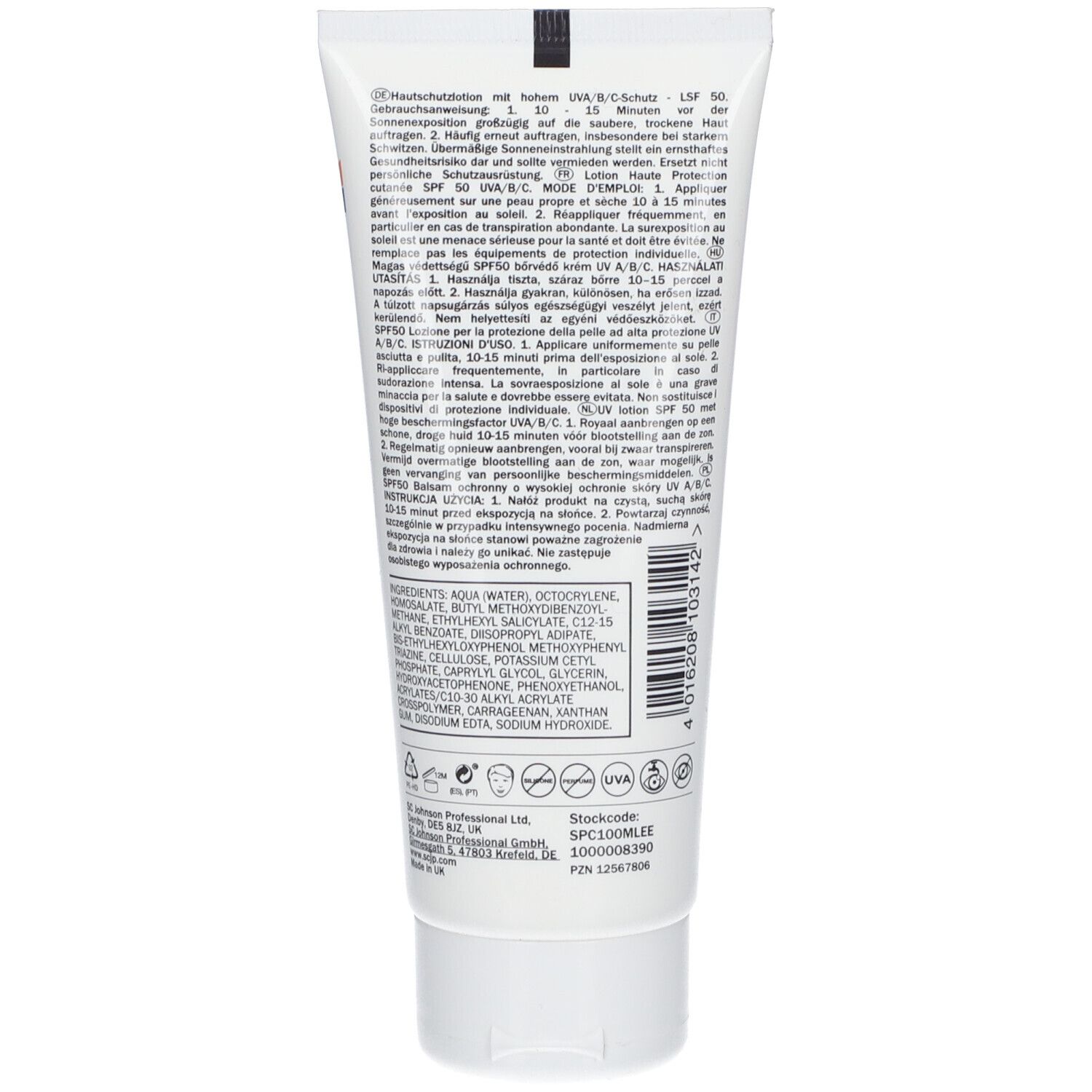Arrière du tube Stokoderm® Sun Protect 50 PURE 100ml avec instructions d'utilisation et ingrédients.