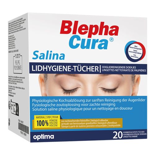 BlephaCura Salina Lidhygiene-Tücher. Boîte de 20 lingettes. Inscriptions: 100% viscose, optima.