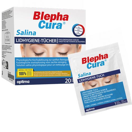 BlephaCura Salina Lidhygiene-Tücher. Boîte et sachet individuel. 20 lingettes. Inscriptions: 100% viscose, optima.