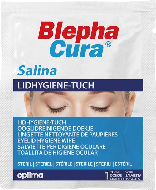 BlephaCura Salina Lidhygiene-Tuch. Emballage individuel. Inscriptions: Stérile, optima, 1 lingette.