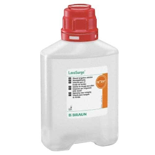Transparante fles met rode dop. Etiket met productnaam LavaSurge en meertalige instructies. Merk B. Braun.