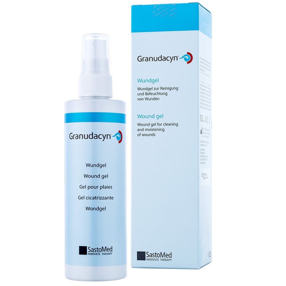 Granudacyn Wondgel fles met spray en doos. Opschrift: Wundgel, Gel pour plaies, Gel cicatrisante, Wondgel.