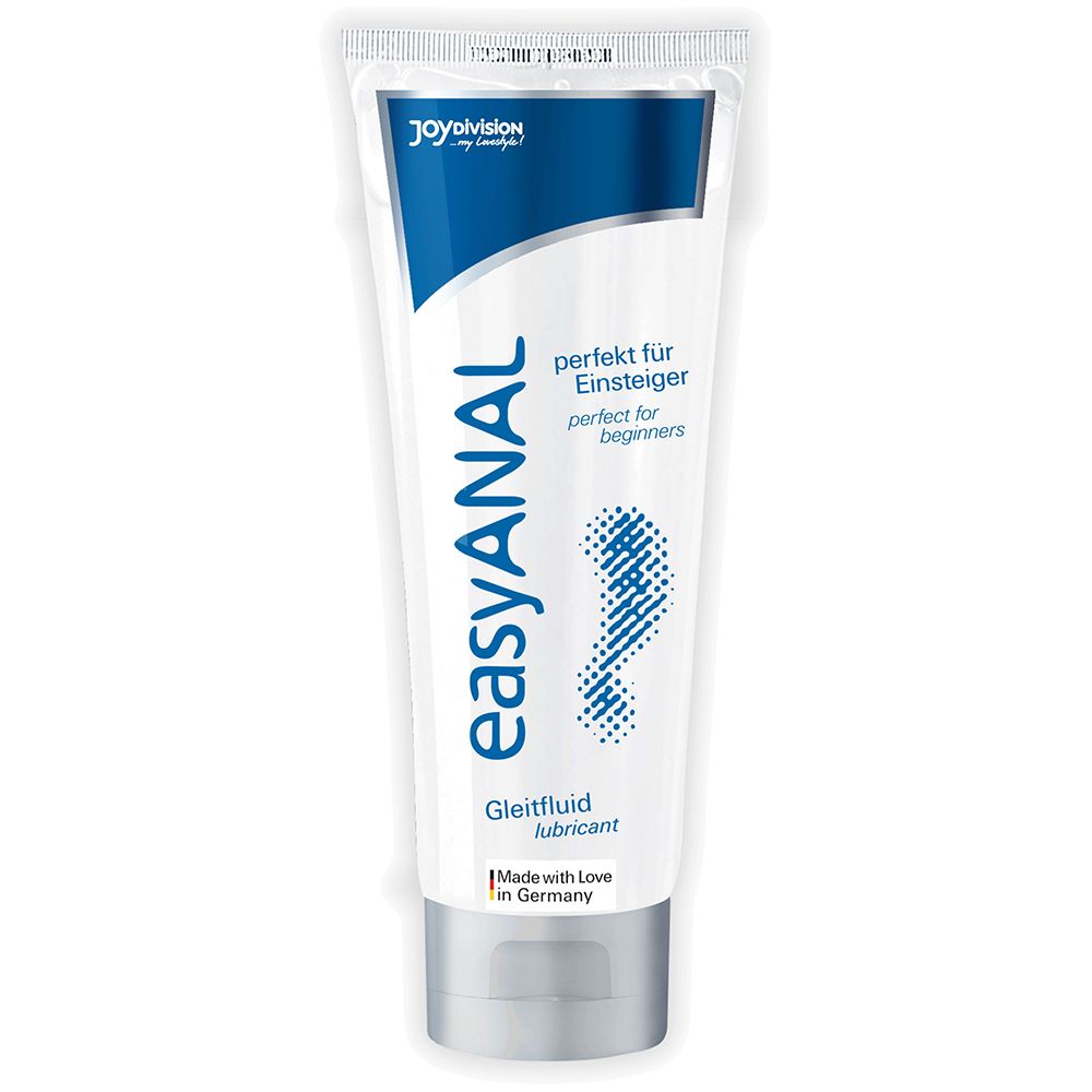 Wit-blauwe tube met easyANAL en Gleitfluid. Merk Joydivision. Tekst: perfect voor beginners.