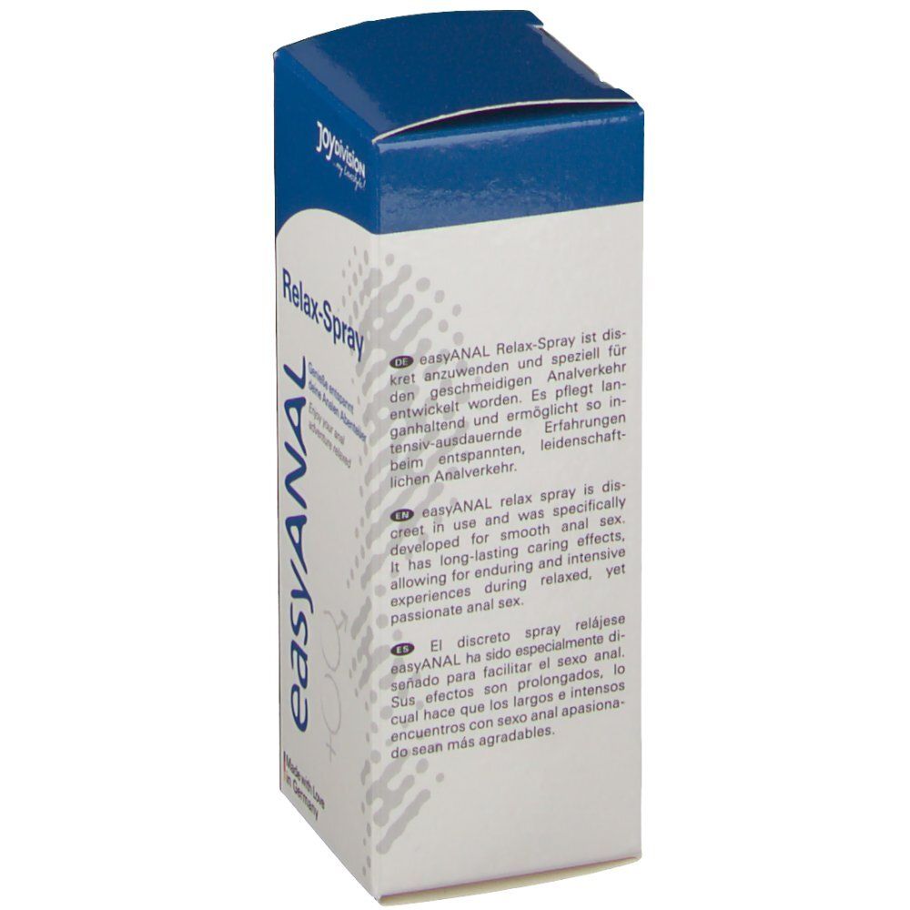 Achterkant van de easyANAL Relax-Spray verpakking met productinformatie.