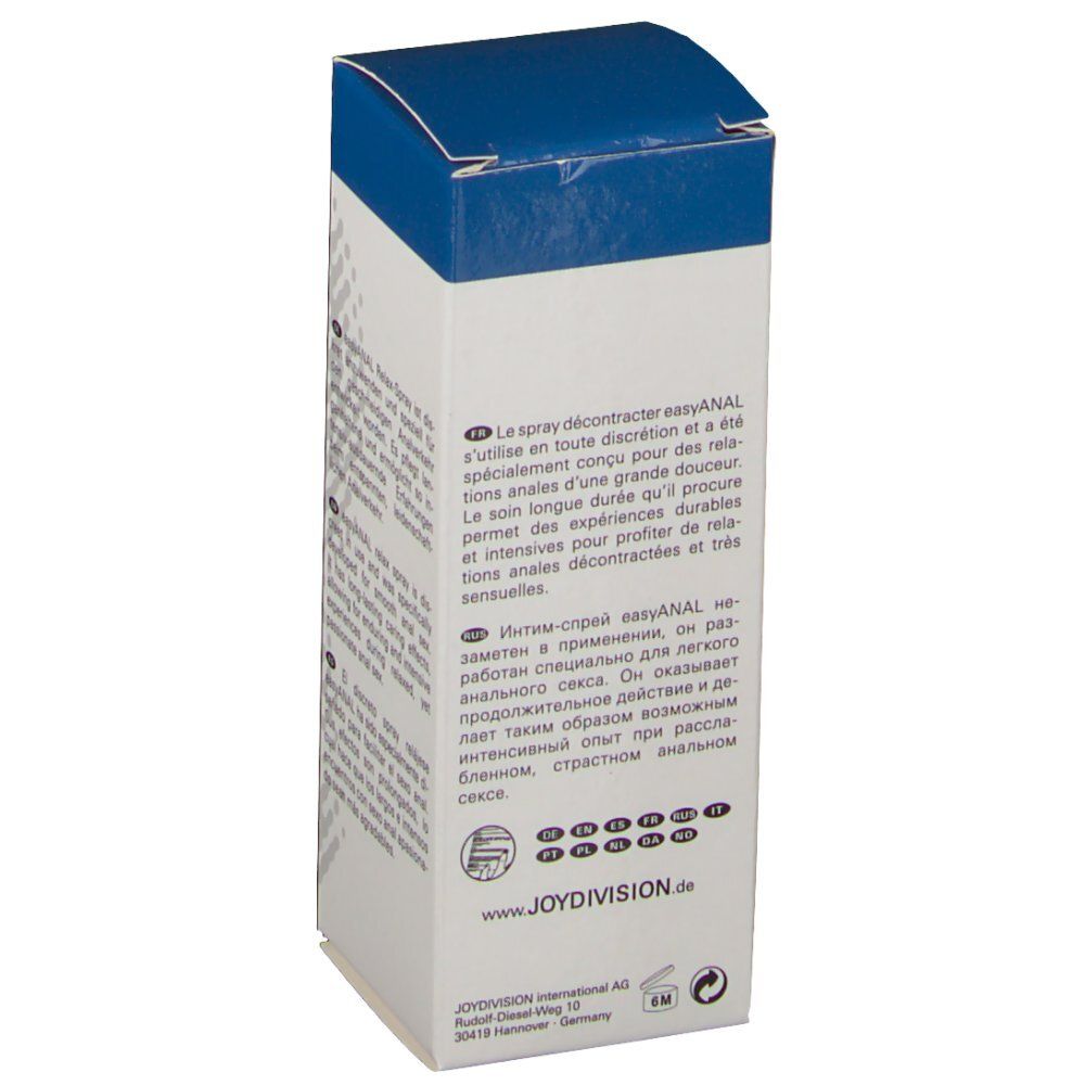 Zijaanzicht van de easyANAL Relax-Spray verpakking met tekst.
