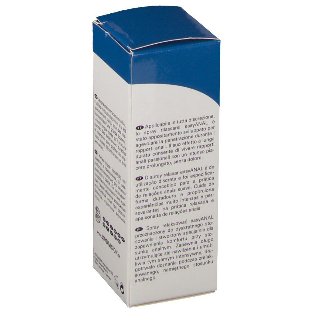 Zijaanzicht van de easyANAL Relax-Spray verpakking met tekst.
