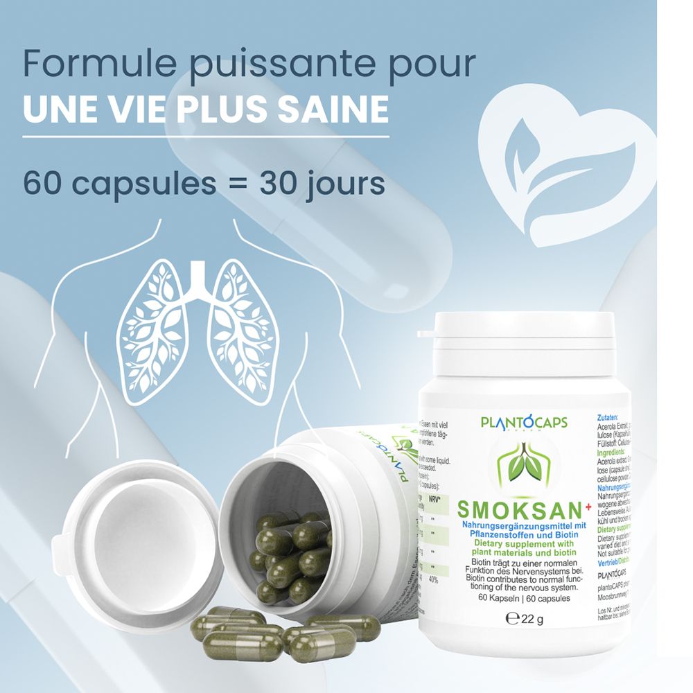 Boîte de capsules PlantoCaps SMOKSAN+, arrière avec ingrédients et instructions en français.