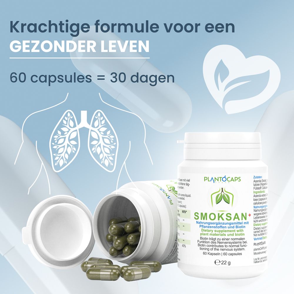 PlantoCaps SMOKSAN+ capsulefles, achterkant met Nederlandse ingrediënten en gebruiksaanwijzing.